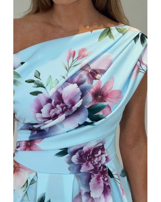Girl In Mind Blue Betty Asymmetric Neckline Skater Midi Dress Print