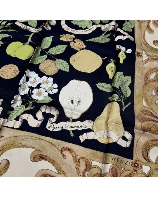 Wenzi Metallic Neutrals Fruitful Elegance Sand Hand Painted Pattern Double Sided Silk Twill Scarf