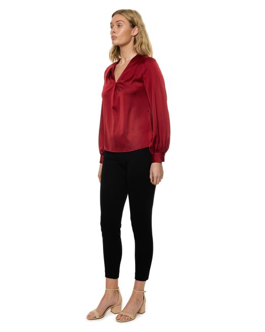 Carloslines Red V-Neck Pleat Detail Balloon Long Sleeve Blouse