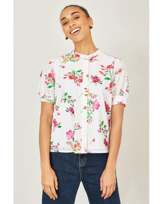 Yumi' White Cotton Broderie Anglaise Floral Shirt
