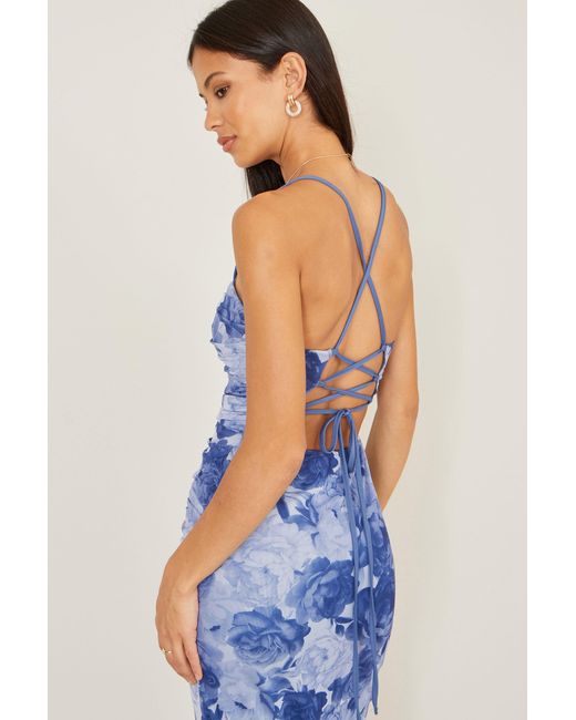 Yumi' Blue Mesh Ruched Midi Dress With Split