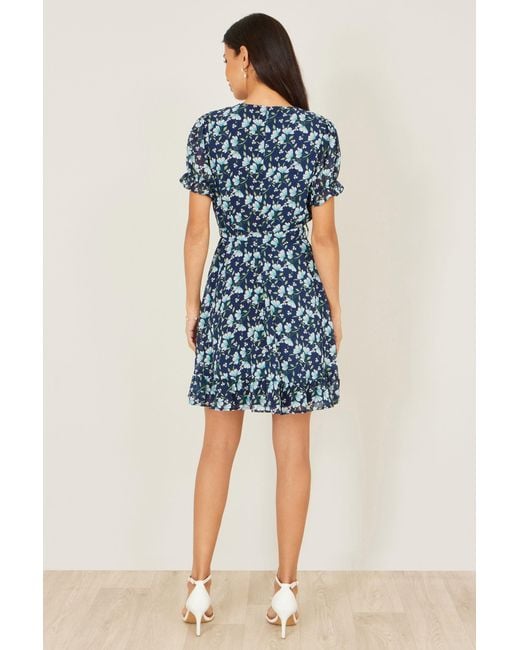 Yumi' Blue Floral Skater Wrap Dress