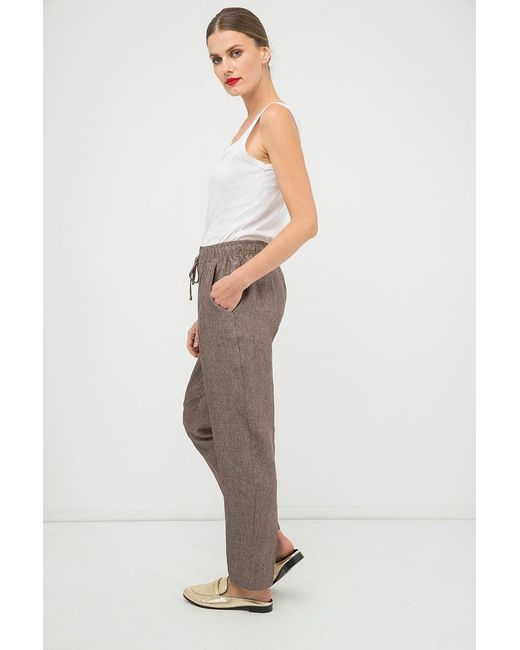 Conquista Brown Long Linen Pants With Tie Detail