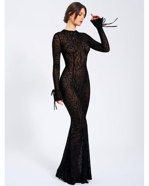 Miss Circle New York Black Waylynn Animal Print Burnout Velvet Detail Mesh Backless Maxi Dress