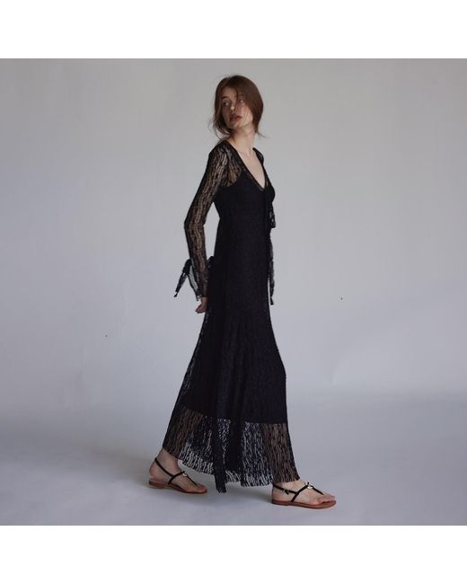 Belsize25 Black Trumpet Dress Flared Sleeve Sheer Lace Knit Dress
