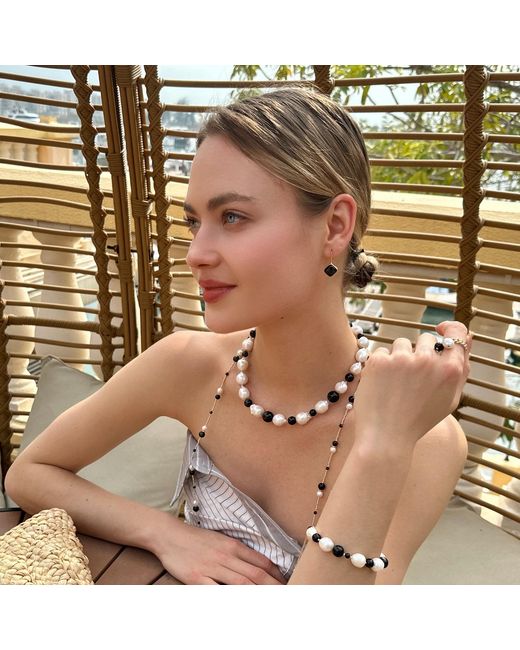 Farra Metallic Timeless Obsidian And Freshwater Drops Adjustable Ring