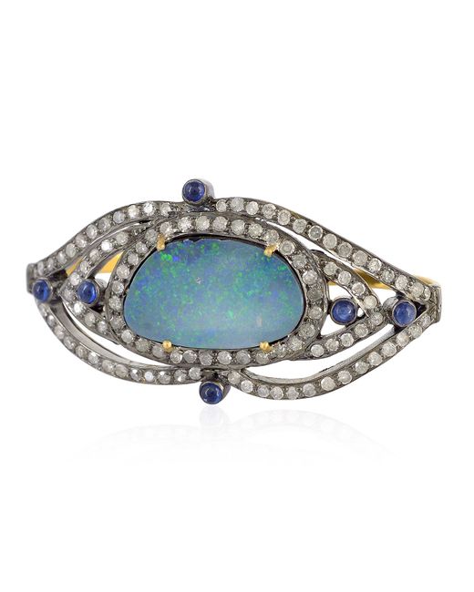 Artisan 18k Gold 925 Silver With Opal Doublet & Blue Sapphire Pave Diamond Two Finger Ring