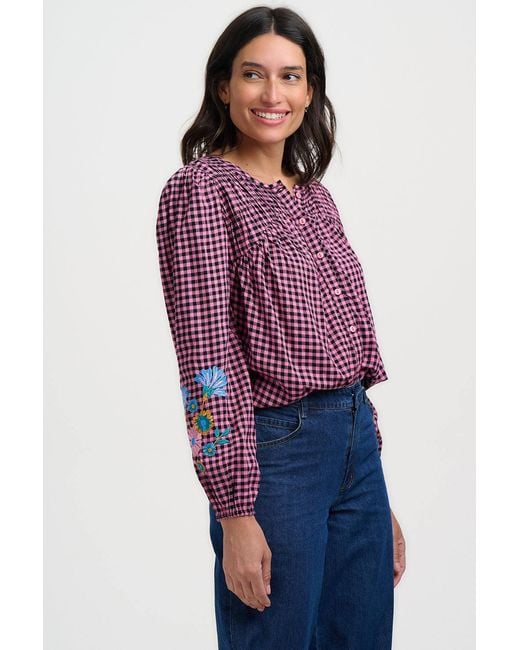 Sugarhill Purple Leah Blouse Rose Gingham Floral Embroidery