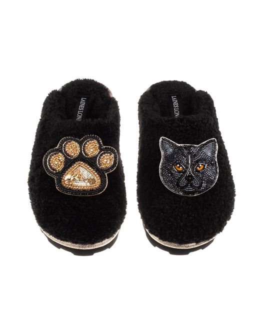 Laines London Black Teddy Closed Toe Slippers With Paw & British Shorthair Cat Brooches