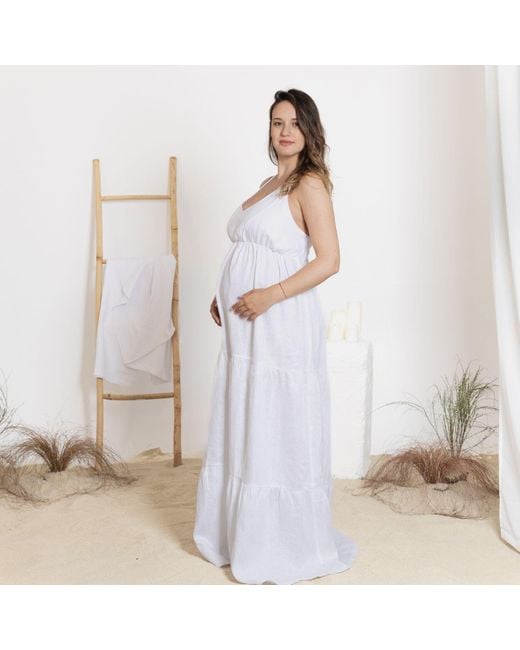 Nikka Place White Linen Maxi Summer Maternity Dress With Tie