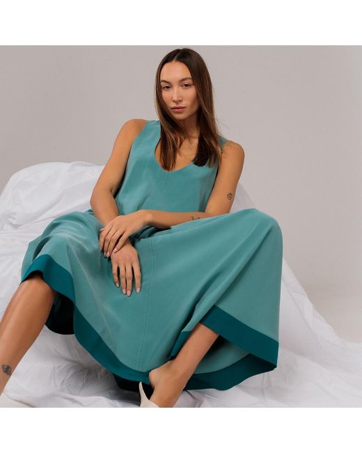 Langner Women's Blue Mint Viscose Cupro Flared Dress With Stunning Back Detail