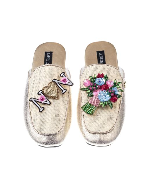 Laines London Metallic / Neutrals Classic Mules With Flower Bouquet & Nan Brooches
