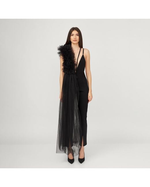 LIA ARAM Black Raw Edge Ruffled Bodysuit