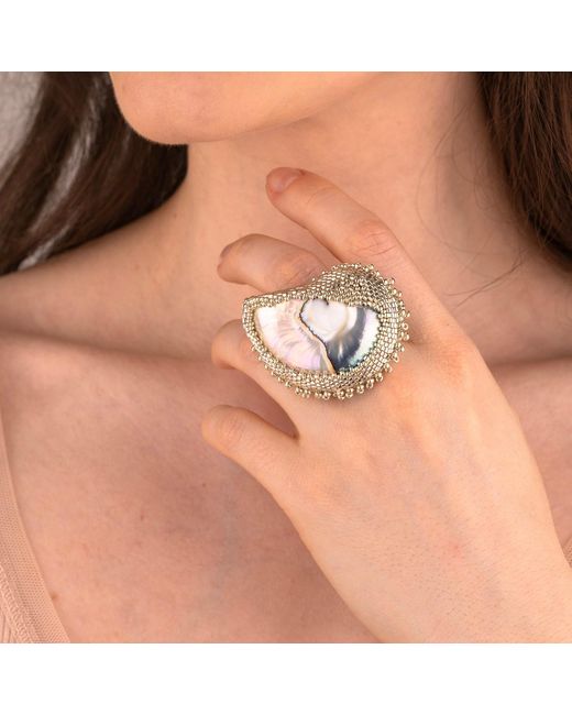 Oana Savu White Beaded Nautilus Seashell Shell Ring Adjustable Sterling