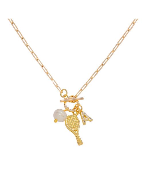 VALERIE CHIC Metallic Initial Letter Tennis Racket Pearl Ball Necklace 18K