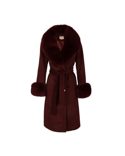 Santinni Red Luxurious Cashmere-Wool Coat With Faux Fur