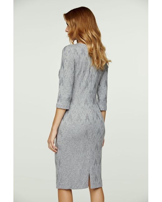 Conquista Gray 3/4 Sleeve Jacquard Fitted Dress
