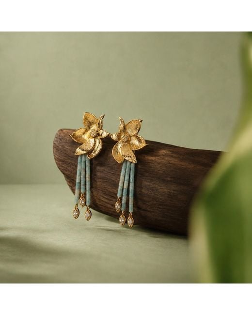 Aurozia Yellow Lotus Within Plated Detachable Blooming Lotus Drop Amazonite Tassel Earrings