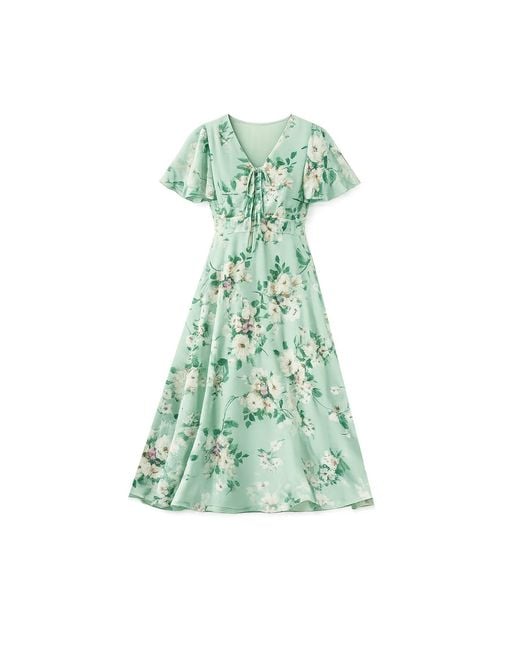 Yumi' Green Mint Floral Tea Dress With Front Ties