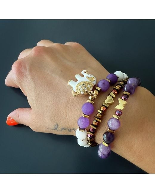 Ebru Jewelry Multicolor Butterfly & Heart Charm Amethyst Beaded Bracelet Set