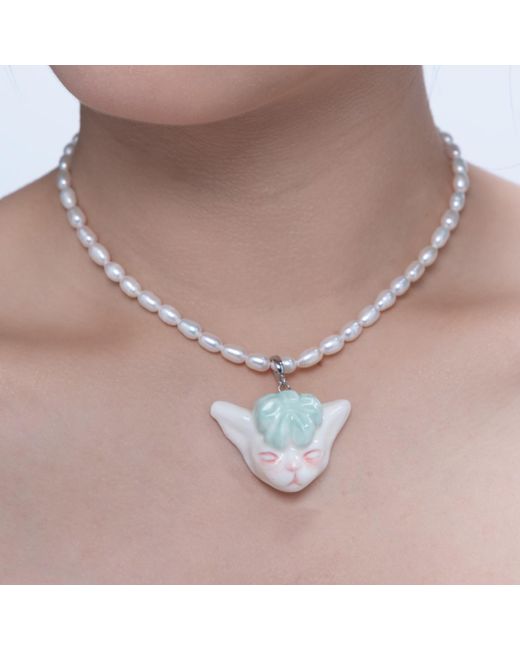 H2 Studio Metallic Angry Puss Mint Bow Tie Freshwater Pearl Necklace