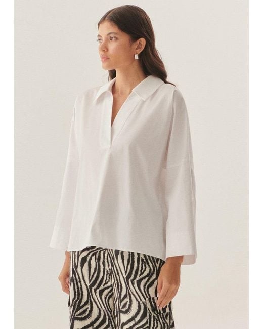 Exquise White Lucia Collared Poplin V-Neck Blouse