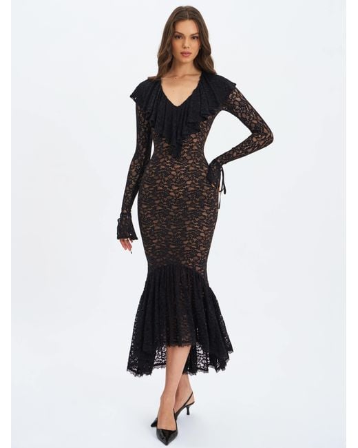 Miss Circle New York Black Parisa Lace Ruffled Mermaid Maxi Dress