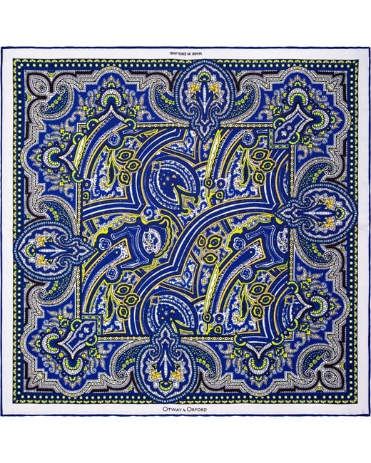 Otway & Orford Blue 'Labyrinth' Paisley Silk Pocket Square for men