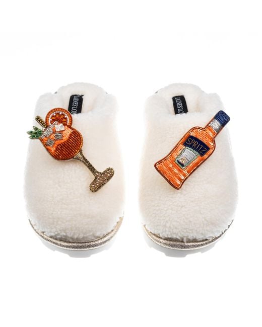 Laines London White Teddy Closed Toe Slippers With Summer Spritzer Brooches