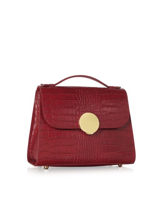 Le Parmentier Red Bombo Croco Embossed Leather Top-Handle Satchel Bag W/Strap