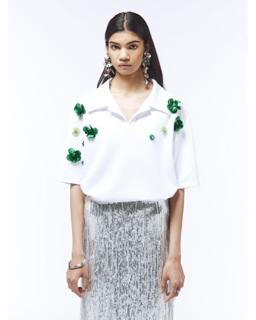 Sour Figs Blue Floral Embellished Polo Shirt