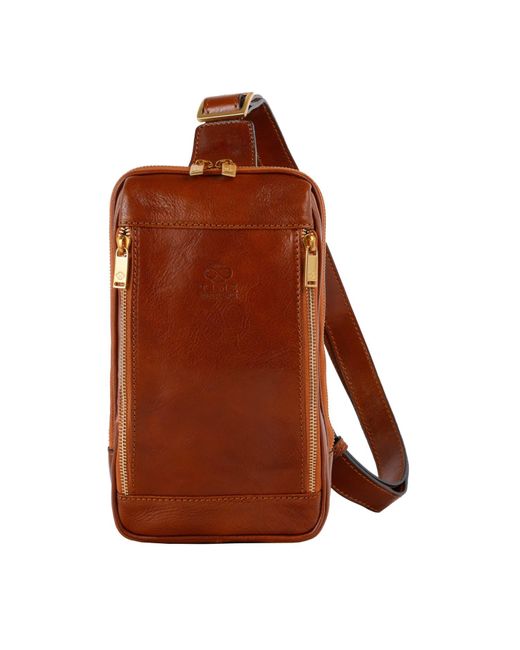 Time Resistance Brown Cognac Leather Sling Bag Chest Bag for men