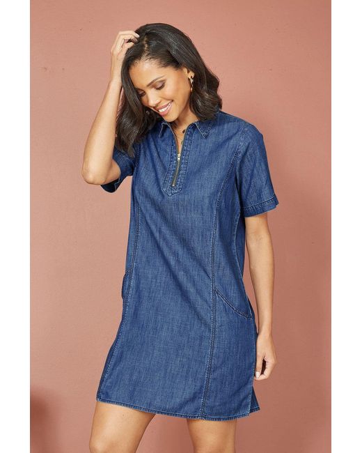 Yumi' Blue Cotton Chambray Tunic With Zip Neckline