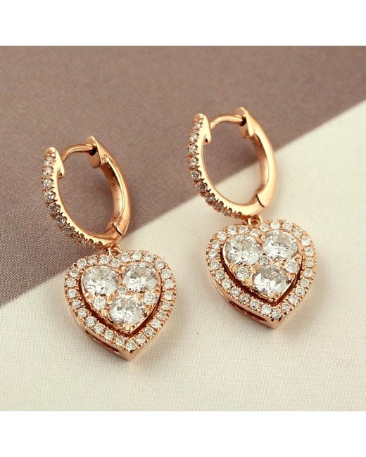 Artisan Metallic Rose Gold Heart Shape Dangle Earrings Diamond