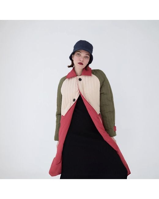 London Atelier Byproduct Pink Neutrals Khaki Patchwork Color Block Quilted Long Jacket