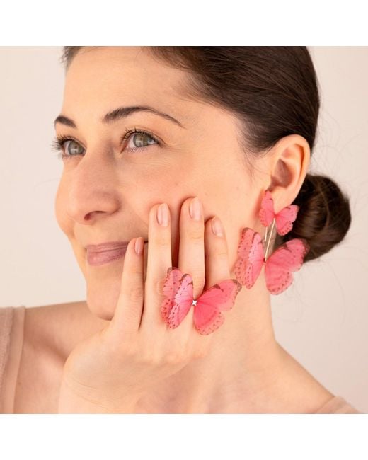 Oana Savu Pink Hot Summer Adjustable Silk Butterfly Ring Sterling Fairy Wings