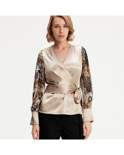 Smart and Joy Natural Neutrals Cross Heart Top With Floral Print Sleeves