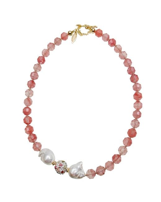 Farra Red Watermelon Quartz With Baroque Pearls Statement Necklace