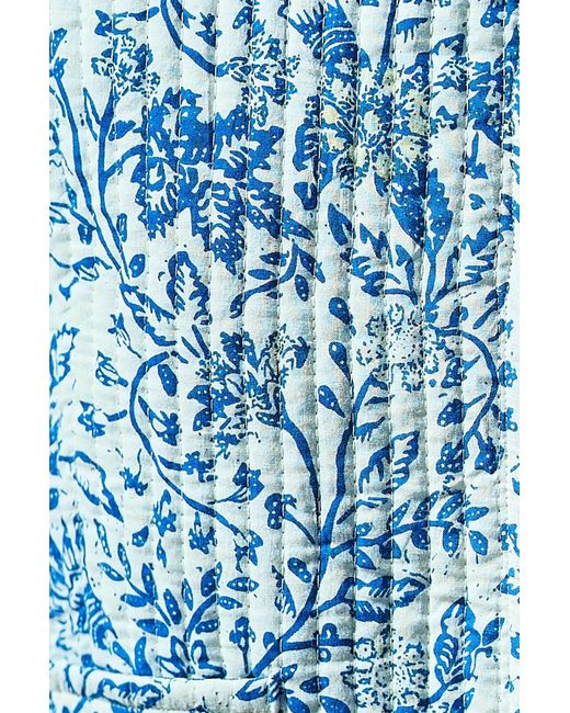 Yumi' Blue Boho Floral Print Cropped Reversible Cotton Quilted Jacket