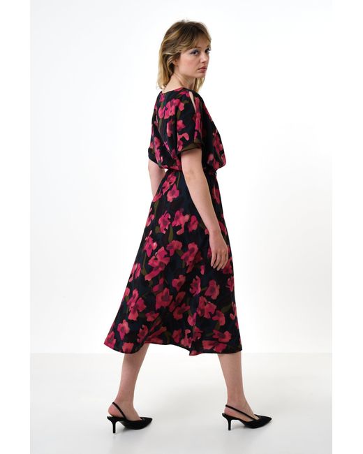 Louche Purple Basford Watermark Floral Print Cape Sleeve Midi Dress