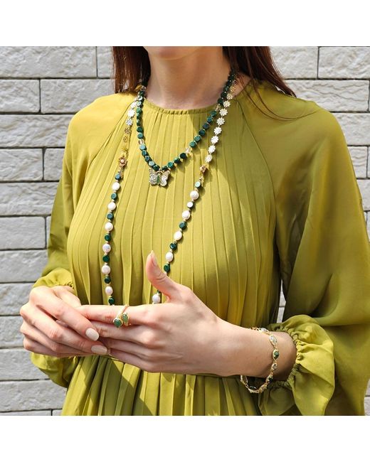 Farra Metallic Coin Shaped Malachite And Freshwater Pearls With Flower Chain Versatile Necklace