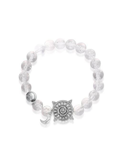 Aurozia Metallic Three Charms Solar Meridian Whitegold Plated Sundial And The Sun Crystal Rock Quartz Beaded Bracelet