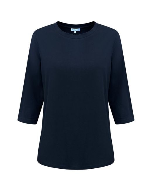Perlavera Blue Tom Solid Cotton Spandex Three Quarter Sleeve Length Crew Neck T-Shirt