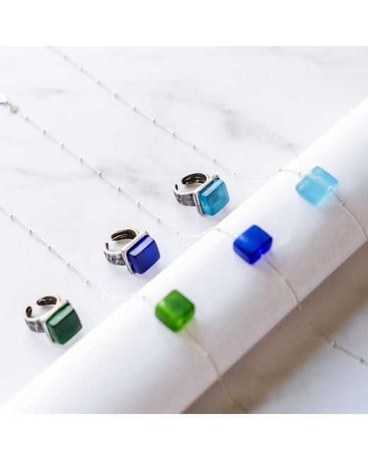 Smart Glass Jewelry Blue Recycled Gin Bottle Cube Ring Aqua
