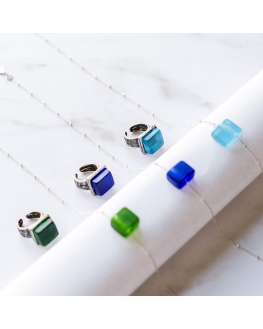 Smart Glass Jewelry Blue Recycled Gin Bottle Cube Ring Aqua
