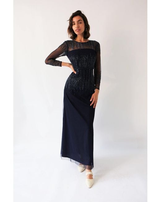 Raishma Blue Laurel Featuring Sheer Long Sleeves & Delicate Vertical Lines Of Embroidery