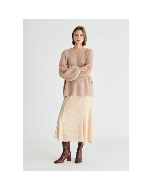 Paisie Natural Balloon Sleeves Jumper With Cable Details