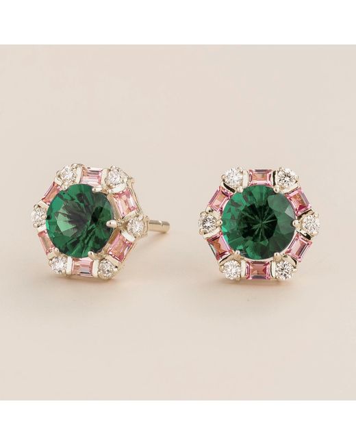 Juvetti Green Melba Emerald, Sapphire & Diamond Halo Hexagon Stud Earrings