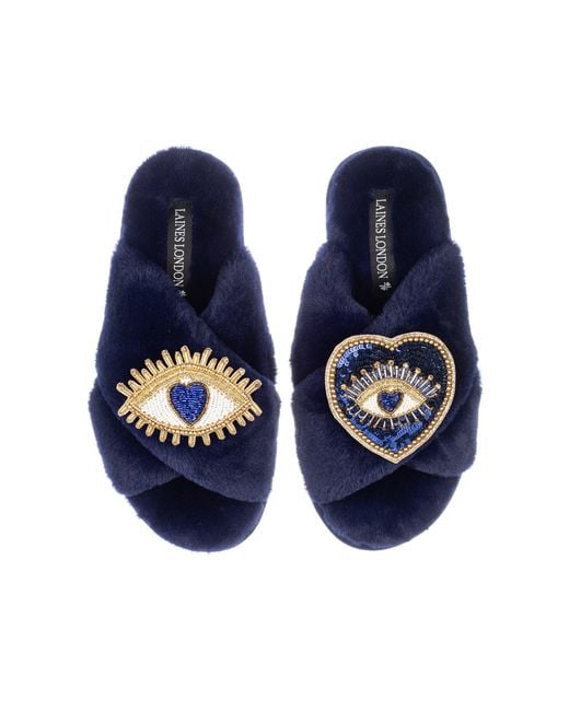 Laines London Blue Classic Laines Slippers With Double Heart & Love Eye Brooches