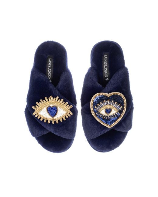 Laines London Blue Classic Laines Slippers With Double Heart & Love Eye Brooches